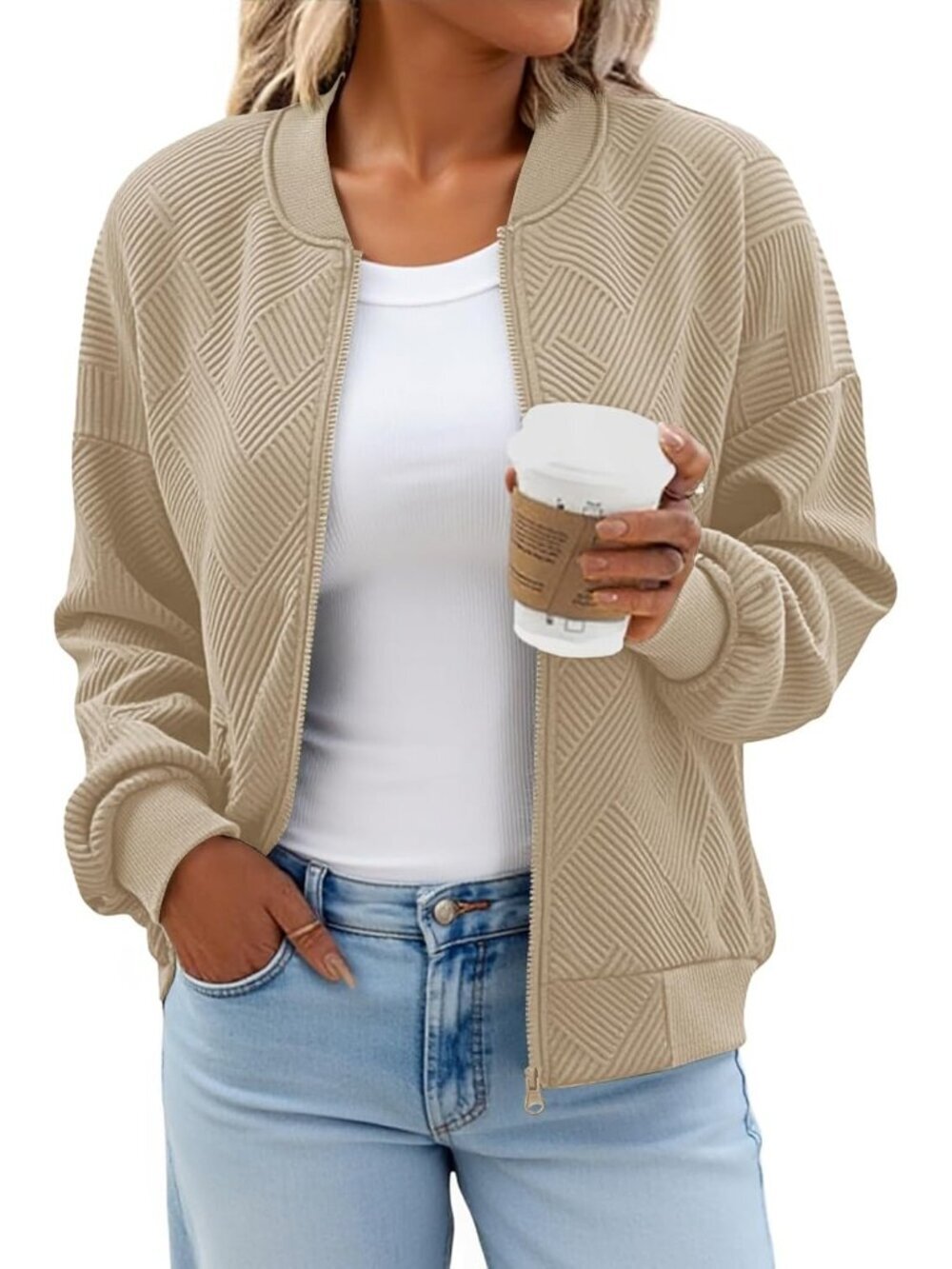 Women's Khaki Bomber Jacket Trendy Casual Lightweight Zip Up Jacket with Pockets